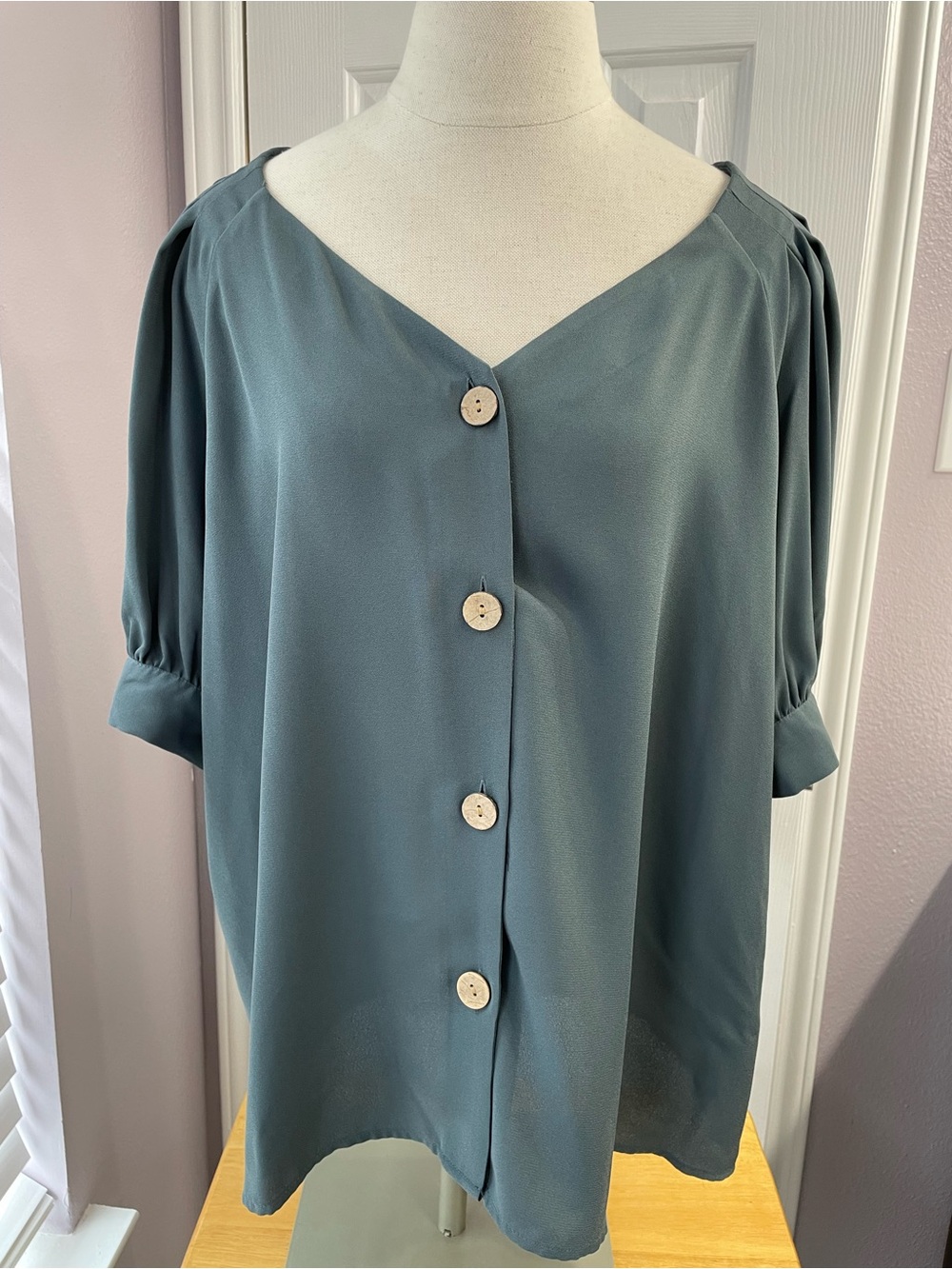 LC Lauren Conrad Teal Button-Front Career Blouse XXL Short Gathered Sleeves NWT